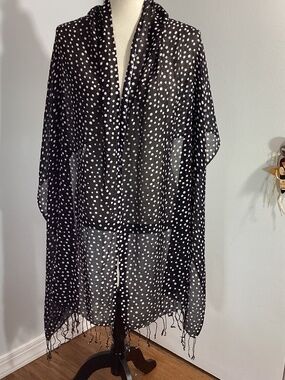 WOMAN 100% RAYON SCARF SHAWL BLACK WHITE POLKA DOT 80"x 25"